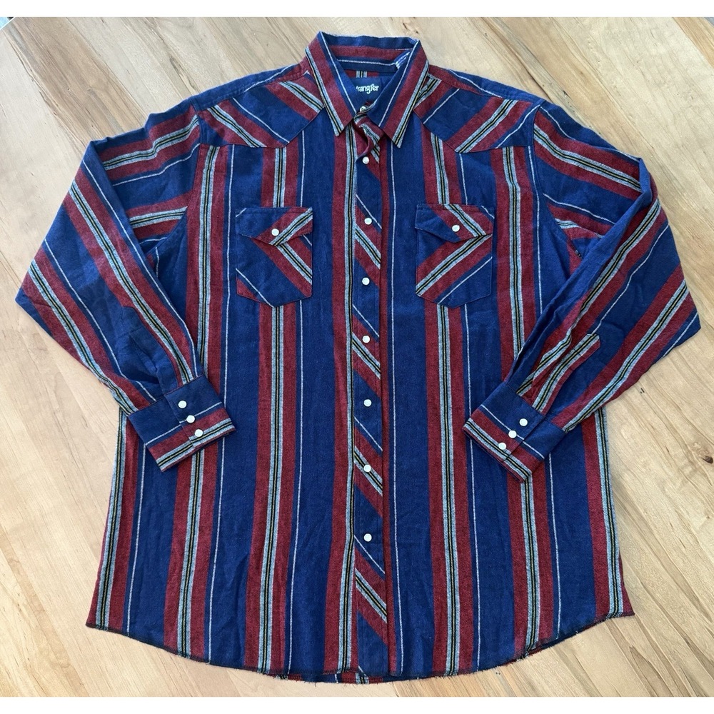 Wrangler‎ Mens 2XT Plaid Long Sleeve Flannel Western Shirt Pearl Snap Red Blue